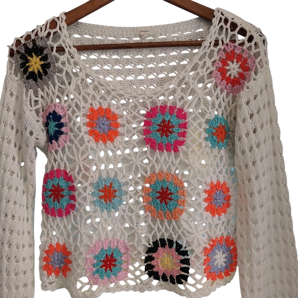 Debut Open Weave White Colorful Knit Cropped Pullover Top Size M Hippie Festival - Picture 2 of 9